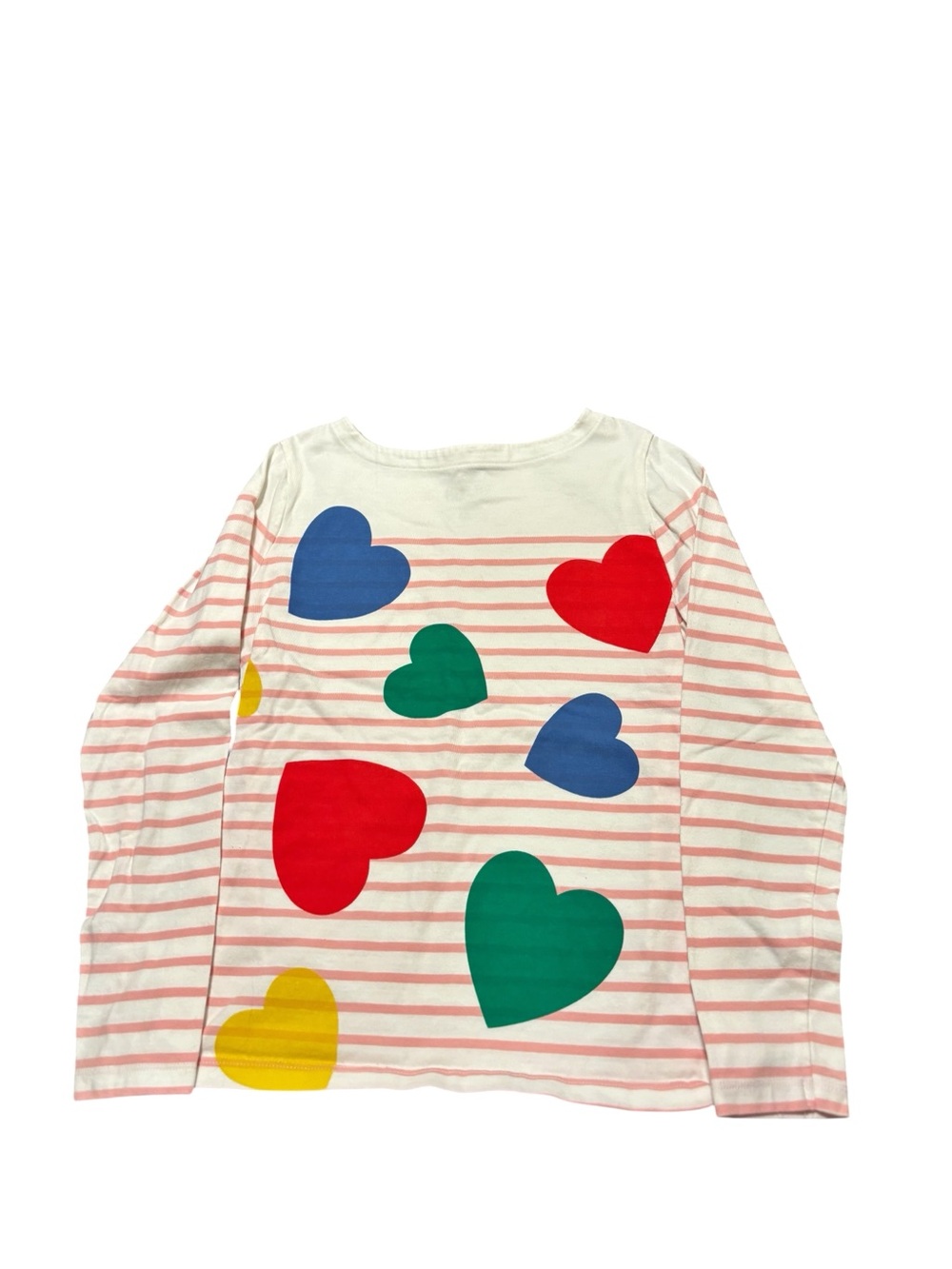 Mini Boden LS Striped shirt with Muliticolor heart design.
